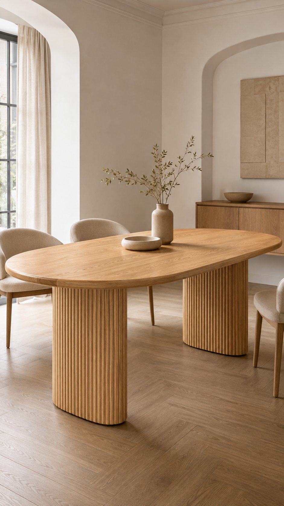 Mesa de comedor ovalada de 180 cm en madera natural con base acanalada, en un comedor luminoso