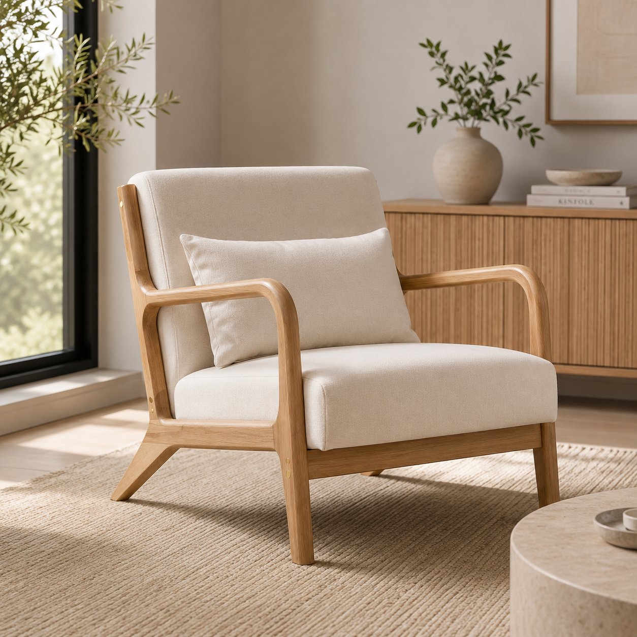 Butaca de estructura en madera clara con tapiz en tono lino y cojín lumbar, junto a una ventana