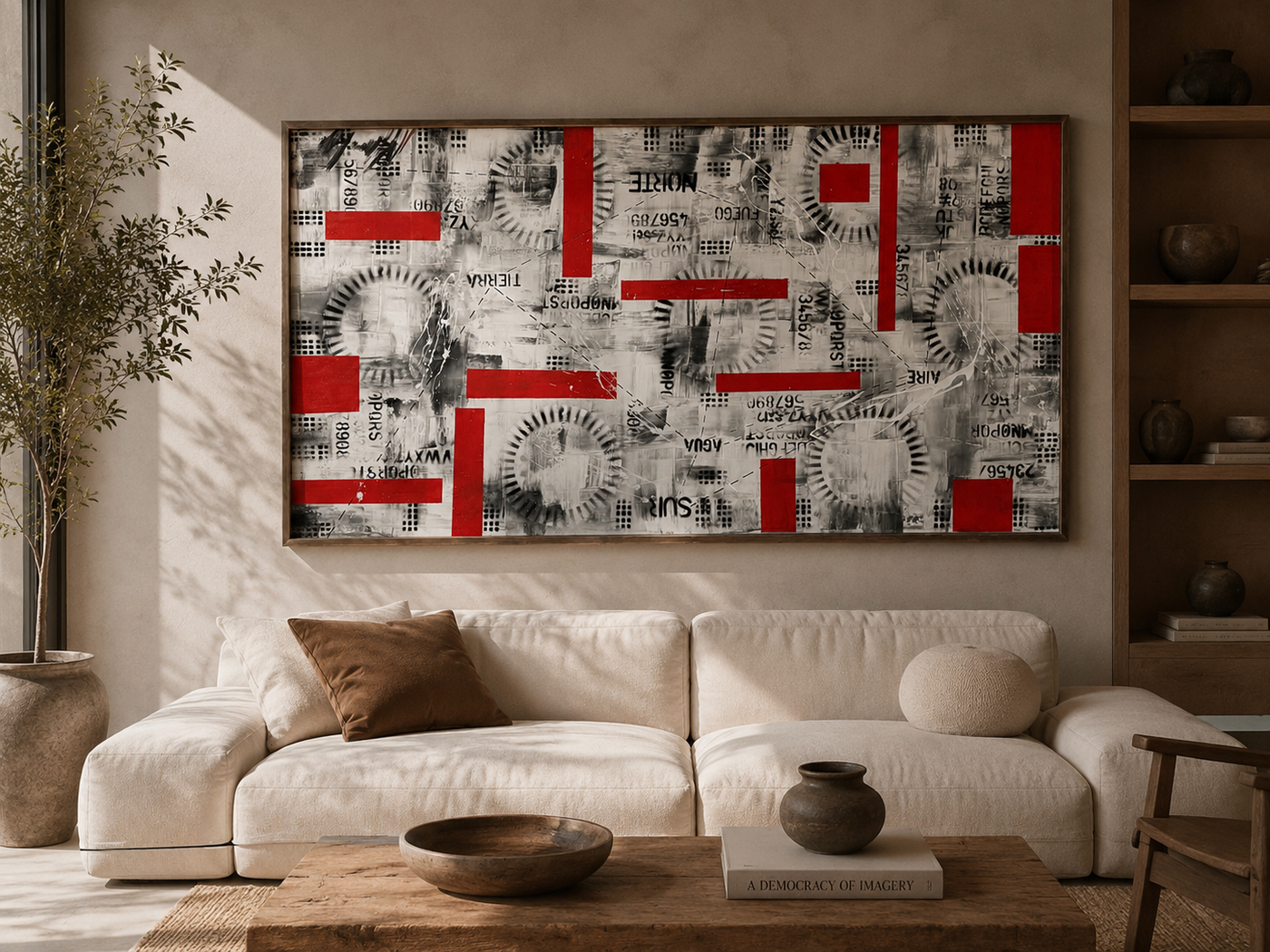 Cuadro Kodigo Rojo colgado sobre un sofa crudo, abstraccion gris con bloques rojos y tipografias