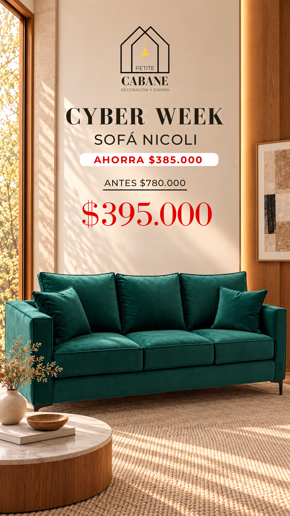 Cyber Week — Sofá Nicoli verde botella a $395.000, antes $780.000