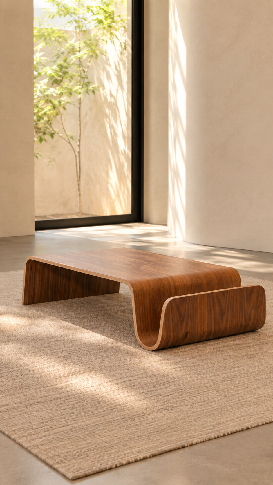 Mesa de centro japandi de madera curvada en una sola pieza, 110 cm, en una sala con luz de tarde