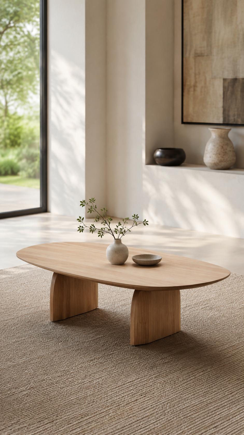 Mesa de centro ovalada de 100 cm en madera natural con dos bases curvas, en un living de muros claros