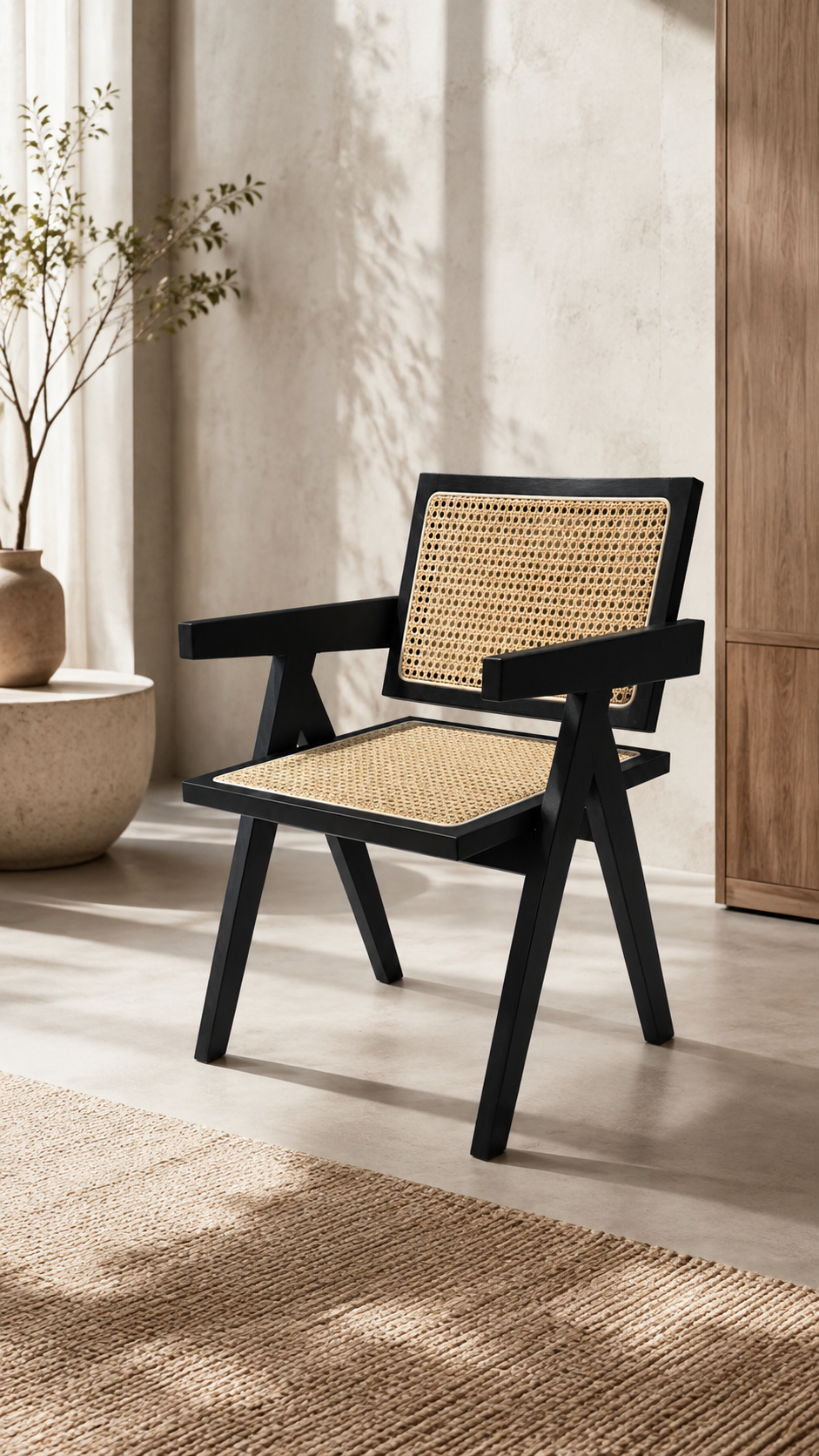 Silla de ratán con estructura de madera negra, respaldo y asiento tejidos y apoyabrazos
