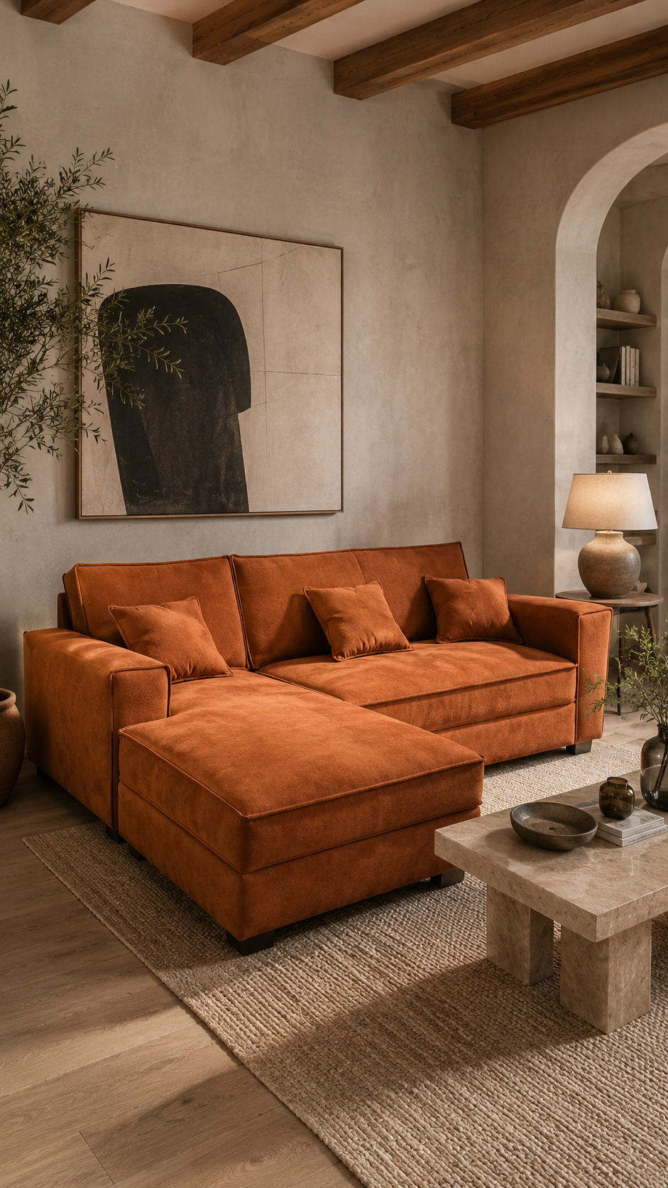 Sofá cama Rafael de 3 cuerpos con chaise, tapizado en terracota, en un living de muros de cal